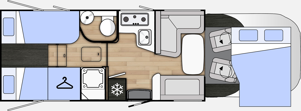 Notranja razporeditev avtodoma Benimar Mileo 263