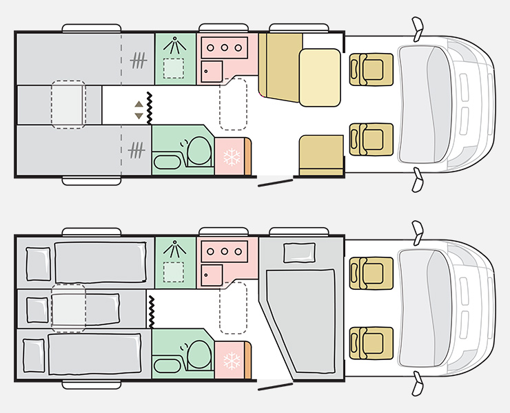 Notranja razporeditev avtodoma Adria Coral XL Plus 670SL
