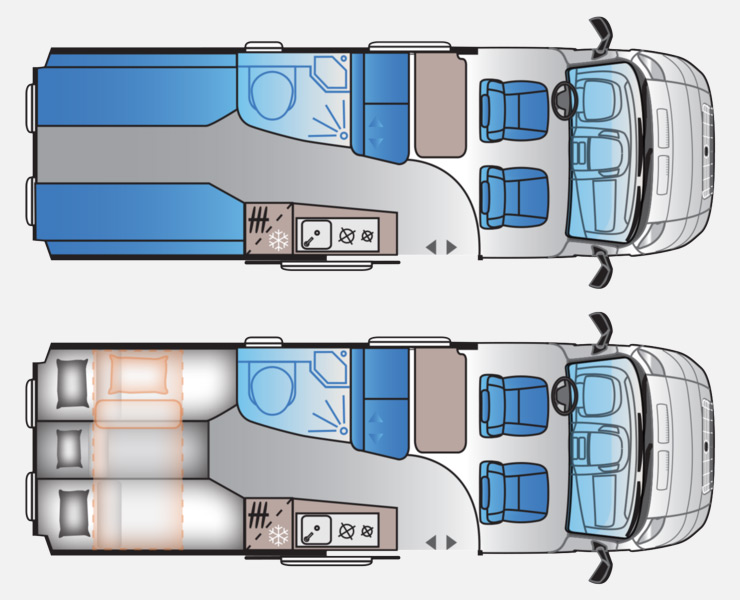 Notranja razporeditev avtodoma Adria Sonic 700 SL Plus Avtomatski menjalnik